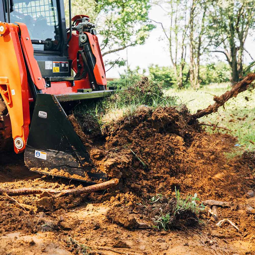Titan Attachments Dirt Bucket | Reinforced 3/16" Steel | 60"–84" Width | 370–700 lb | 12–25 GPM Oil Flow | For Skid Steers