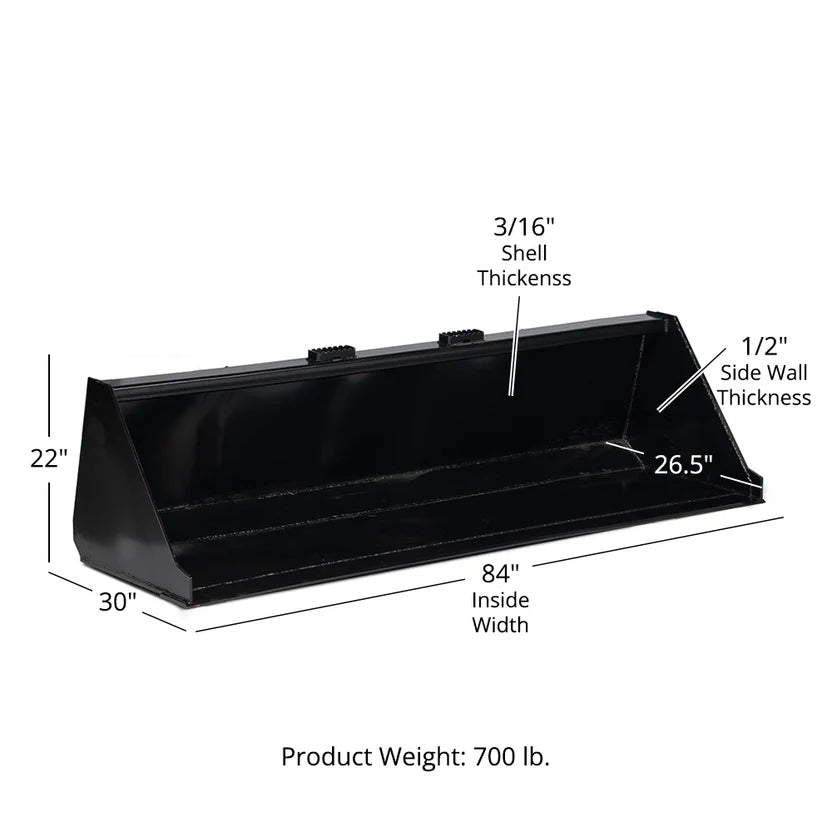 Titan Attachments Dirt Bucket | Reinforced 3/16" Steel | 60"–84" Width | 370–700 lb | 12–25 GPM Oil Flow | For Skid Steers