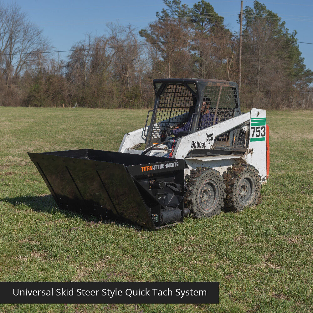 Titan Attachments Side Discharge Bucket | 72″ Width | Bolt-On Cutting Edge | 0.67 Cu. Yd | 12 Steel Agitators | Hydraulic Flow 10–20 GPM | For Skid Steers