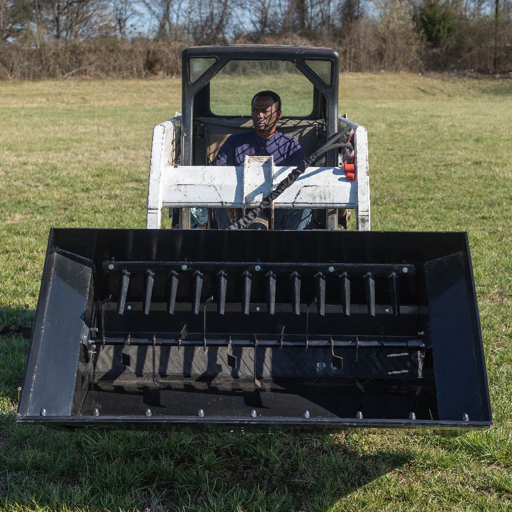 Titan Attachments Side Discharge Bucket | 72″ Width | Bolt-On Cutting Edge | 0.67 Cu. Yd | 12 Steel Agitators | Hydraulic Flow 10–20 GPM | For Skid Steers