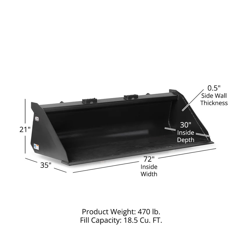 Titan Attachments Low Profile Dirt Bucket | Grade 50 Steel | 60"–72" Width | 15.5–18.5 cu ft | 12–25 GPM Oil Flow | For Skid Steers