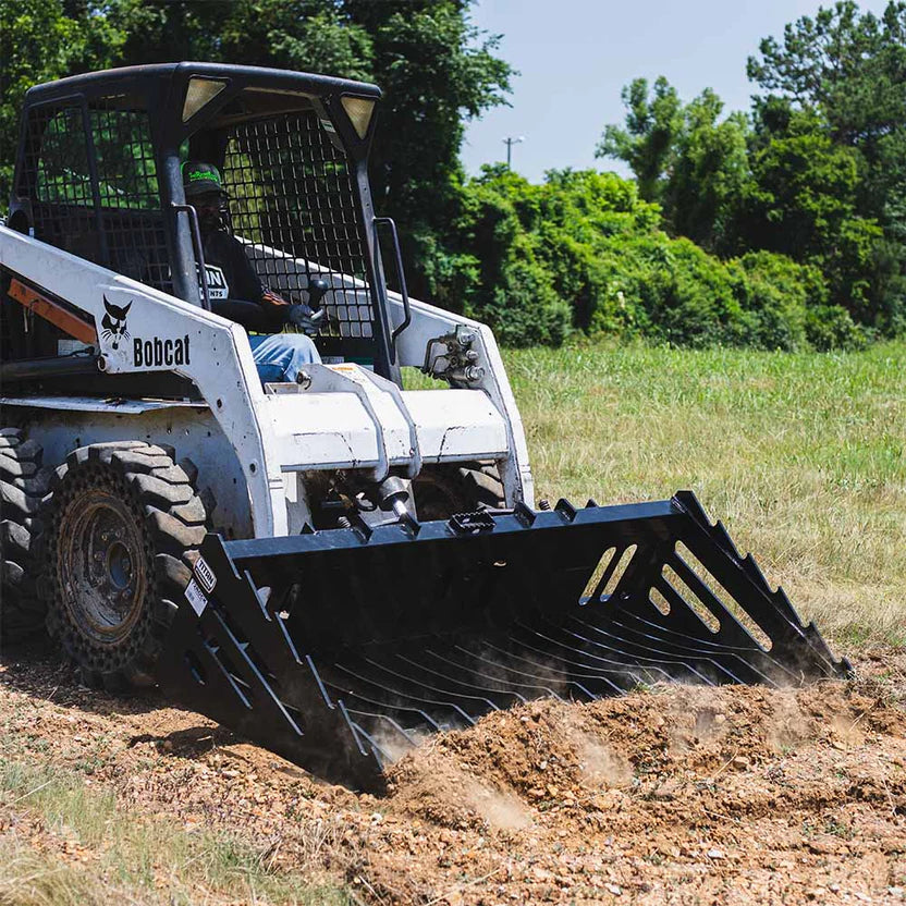 Titan Attachments Skeleton Rock Bucket | 0.5″ Tines | 60″–72″ Width | 600–670 lb | 4″ Debris Sifting Gap | Oil Flow Range 10–20 GPM | For Skid Steers