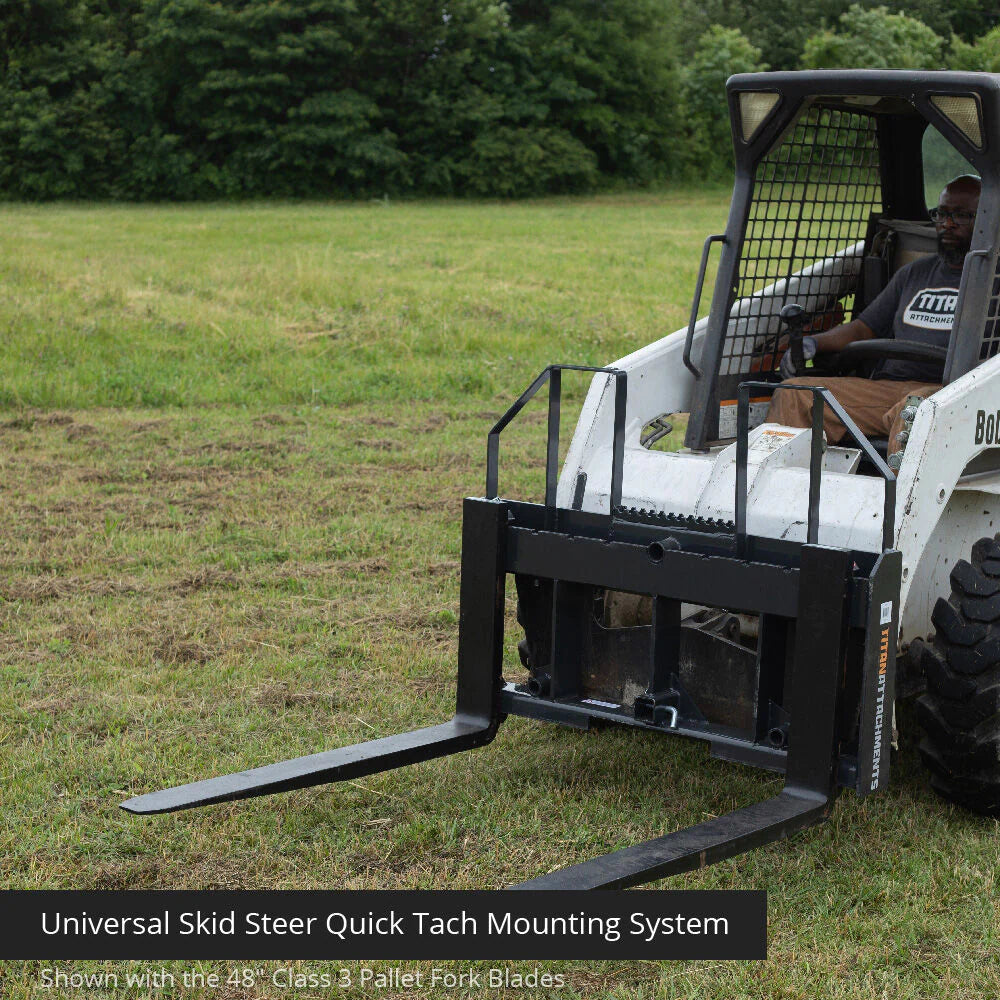Titan Attachments Class 3 Step-Through Pallet Fork | 7,500 lb Frame | 48″–72″ Fork Blades | Oil Flow 10–25 GPM | For SSQA Skid Steers