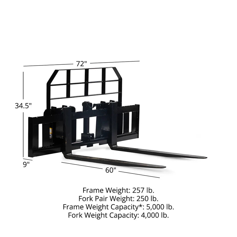 Titan Attachments Pro Series Pallet Fork Frame | Wide 72″ Design | Class II Fork Mount | 5,000 lb Center Load | Oil Flow: 12–18 GPM | For Skid Steers