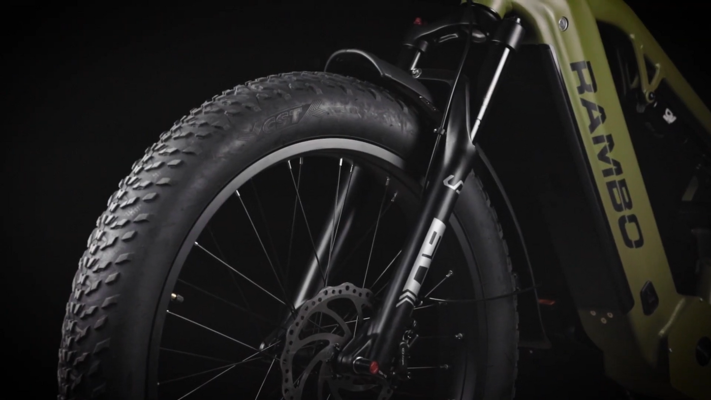 Rambo | E-Bike | Model Dominator HD | Width 26"x4.0 Tires | 1000W Bafang BBSHD Motor | Up to 98 Mile Range | 48V 15Ah LG Battery