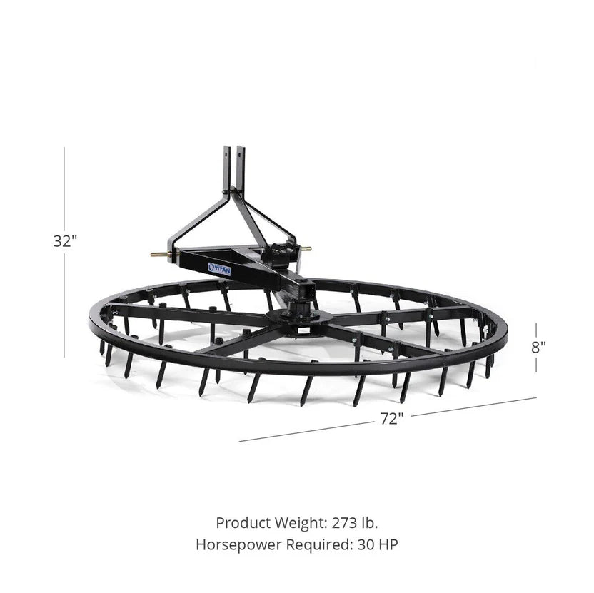 Titan Attachments Arena Spin Harrow | 3 Point Hitch | 75" Width | 35 Hardened Teeth | 273–380 lbs | Horsepower 30 HP | For Tractors