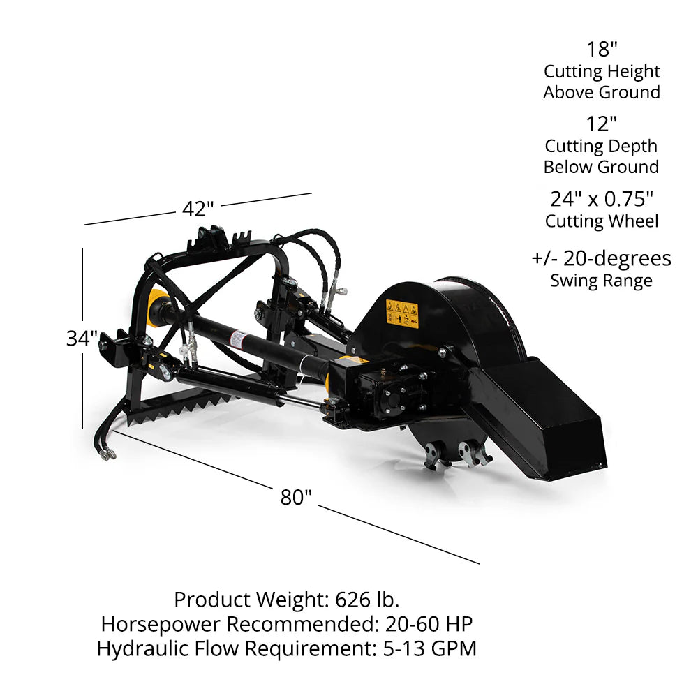 Titan Attachments Pro Series PTO Stump Grinder | 24″ Cutting Wheel | 12″ Depth | 42″ Width | Horsepower 20–60 HP | For Tractors