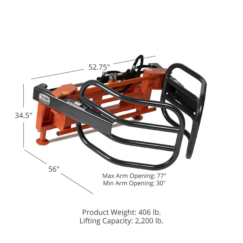 Titan Attachments Round Hay Bale Gripper | Width 52.75″ | 30–77″ Clamp Range | 2,200 lb Lift | 10–20 GPM | For Skid Steer