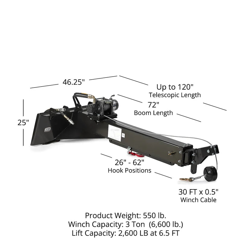 Titan Attachments Crane Jib Attachment | 3-Ton Swivel Hook | 46.25" Width | Oil Flow Range Flow 4–15 GPM | For Skid Steers