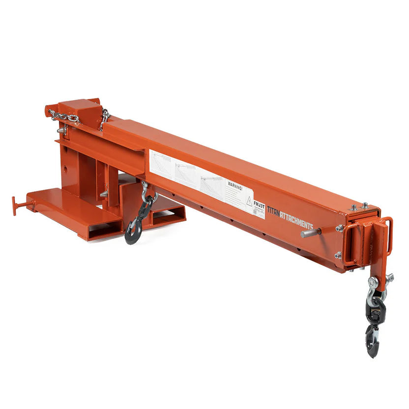 Titan Attachments Jib Boom Crane | Fork-Mounted | 84"–138" Telescoping Boom | 6,600 lb Lift Capacity | 45° Pivot | Hydraulic Flow 8–15 GPM | For Skid Steers & Forklifts