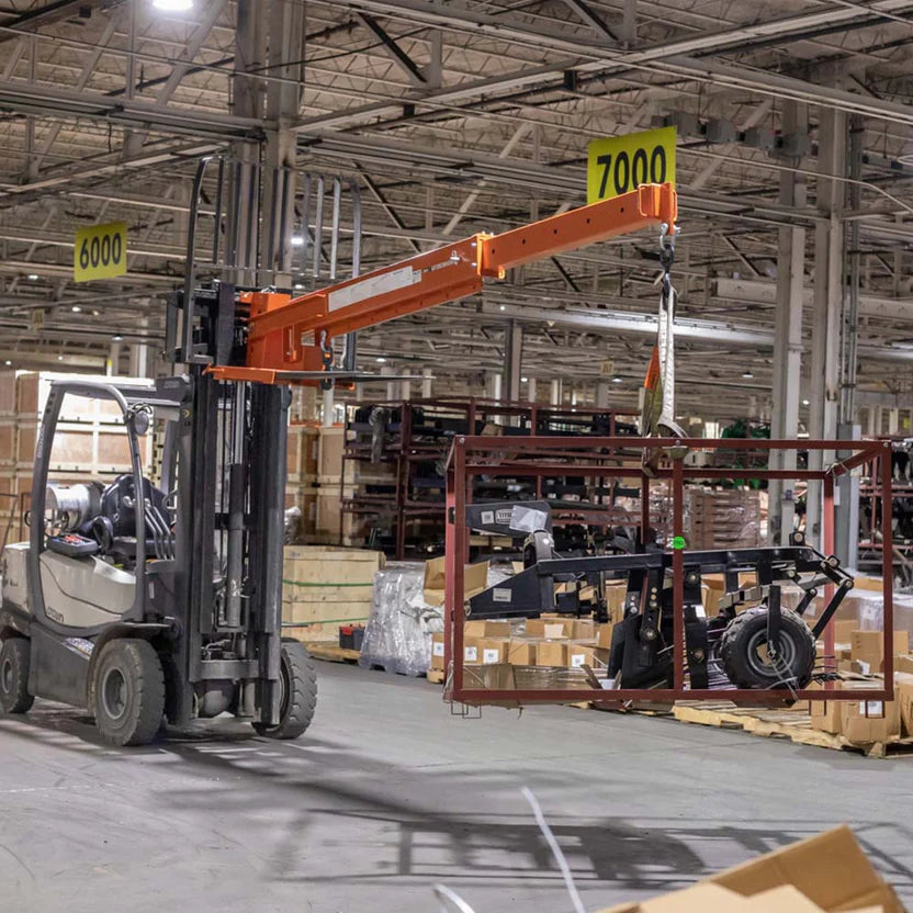 Titan Attachments Jib Boom Crane | Fork-Mounted | 84"–138" Telescoping Boom | 6,600 lb Lift Capacity | 45° Pivot | Hydraulic Flow 8–15 GPM | For Skid Steers & Forklifts