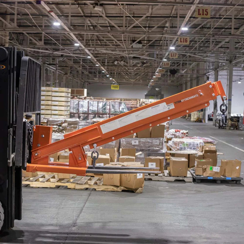 Titan Attachments Jib Boom Crane | Fork-Mounted | 84"–138" Telescoping Boom | 6,600 lb Lift Capacity | 45° Pivot | Hydraulic Flow 8–15 GPM | For Skid Steers & Forklifts