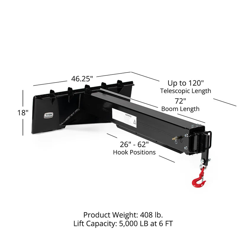 Titan Attachments Crane Jib Attachment | 3-Ton Swivel Hook | 46.25" Width | Oil Flow Range Flow 4–15 GPM | For Skid Steers