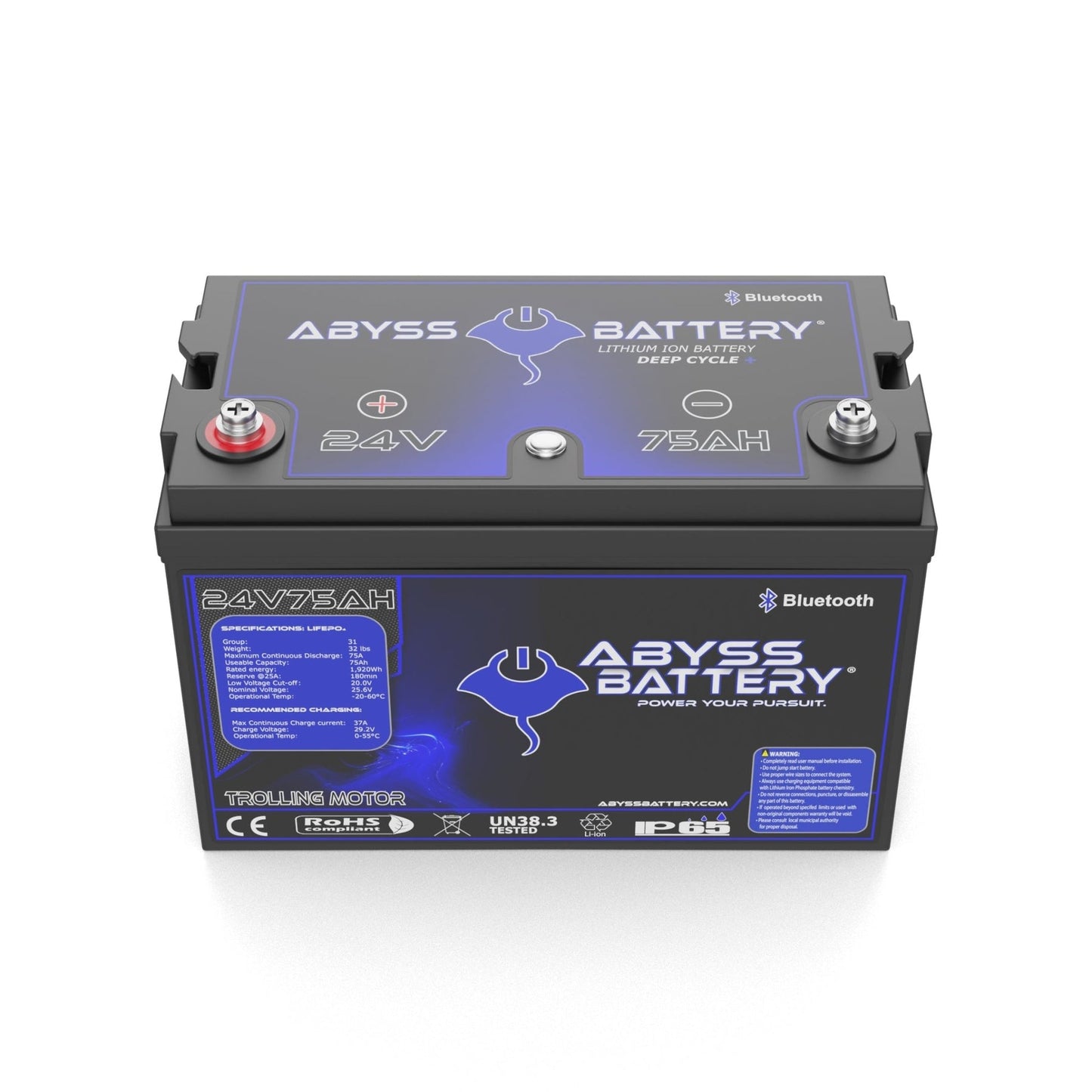 Abyss® | Lithium Trolling Motor Battery | Model AB-24V75-BT | Voltage 24V 75Ah | Group 31 | Bluetooth BMS | Built-In Heating | IP65 Waterproof
