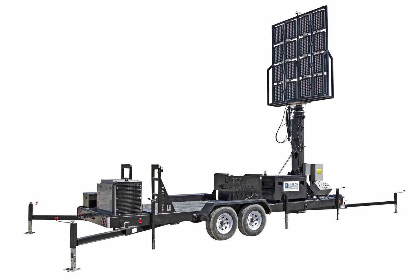 Larson Electronics 50' Pneumatic Megatower™ on 21' Trailer - (16) 500 Watt LED Lights, (4) Cameras, 2TB NVR, Router - 11KW Genset