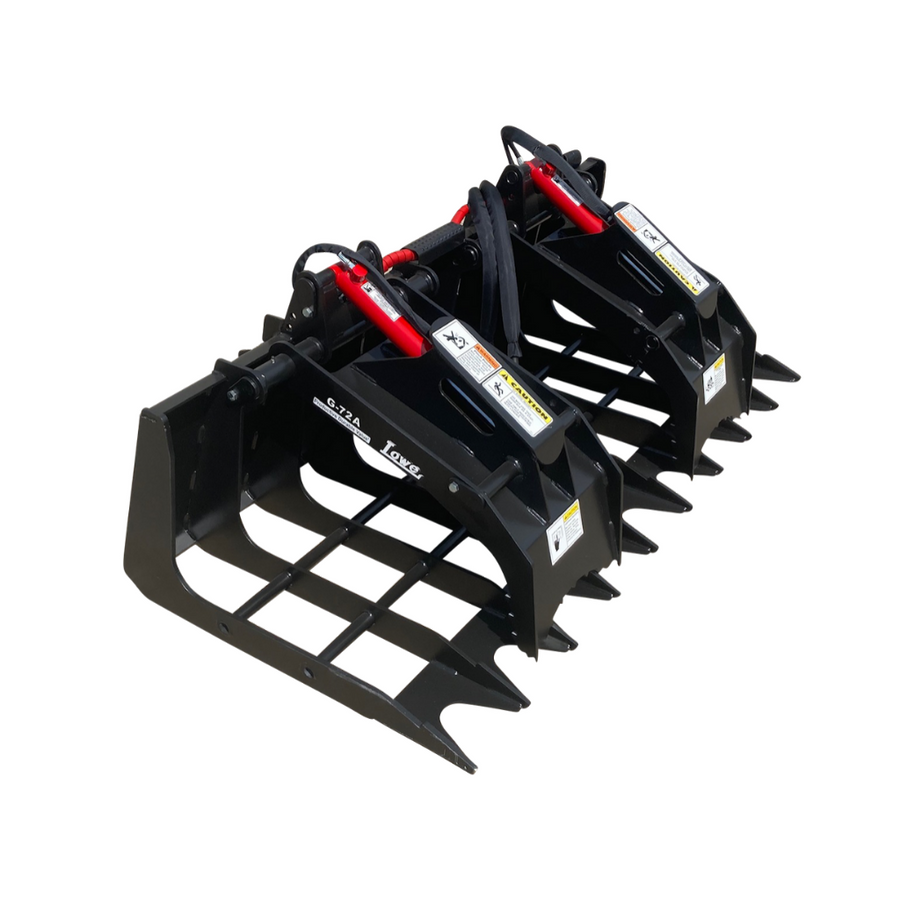 LOWE | G-72A Rock Grapple | Dual Clamping Arms | 72" Width | 8" Tine Spacing | 40" Opening | Greaseable Hinges & Pins | For Skid Steers