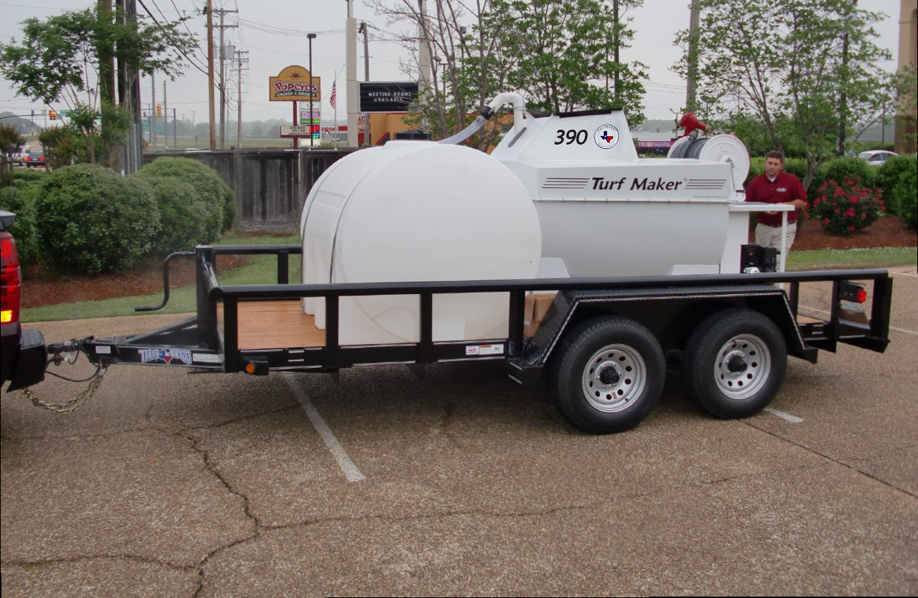 TurfMaker Hydroseeder | Model 390 (Hydraulic) | Total Capacity 390 Gallons | Skid Frame Width 47" | Single Axle Trailer Option