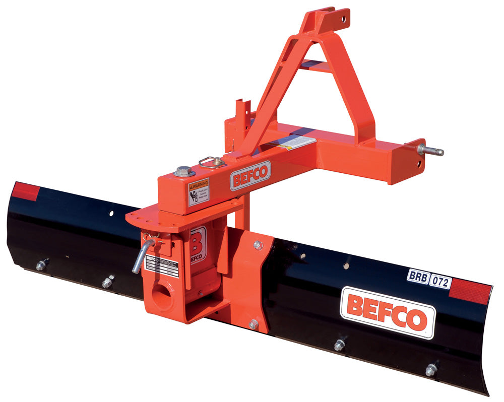 Befco | Standard-Duty Rear Blade | Model BRB Sub-Compact & Standard Duty Series | 48″ To 84″ Width | Up to 32° Angle, 12″ Offset, 14° Tilt | Cat. 1 Quick‑Hitch | Horsepower 16 To 50 HP | For Tractors