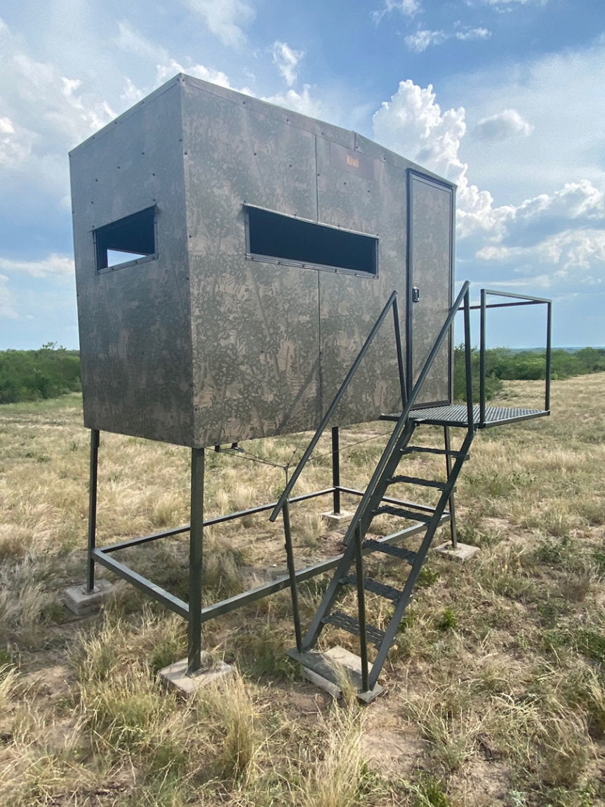 AWS Blind | Bushlan Outfitter Hunting Blinds | Models 5x5, 5x7 & 5x9 | Widths 60", 84" & 108" | Tower Heights Ground, 4', 8' & 12' | All-Metal Build | Combo Bow/Rifle Windows | For Deer Hunting