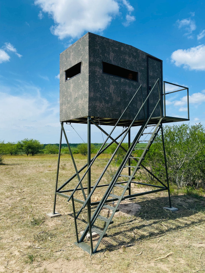 AWS Blind | Bushlan Outfitter Hunting Blinds | Models 5x5, 5x7 & 5x9 | Widths 60", 84" & 108" | Tower Heights Ground, 4', 8' & 12' | All-Metal Build | Combo Bow/Rifle Windows | For Deer Hunting