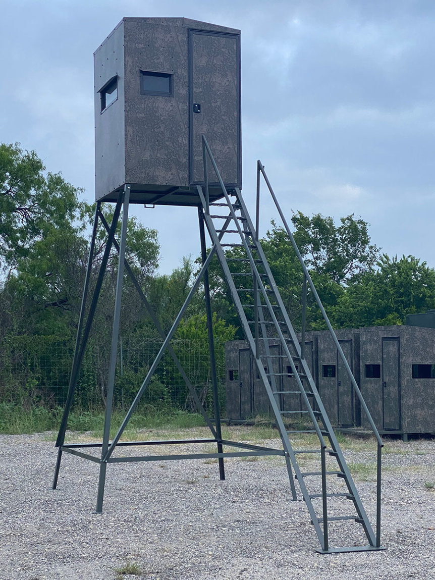 AWS Blind | Bushlan Outfitter Hunting Blinds | Models 5x5, 5x7 & 5x9 | Widths 60", 84" & 108" | Tower Heights Ground, 4', 8' & 12' | All-Metal Build | Combo Bow/Rifle Windows | For Deer Hunting