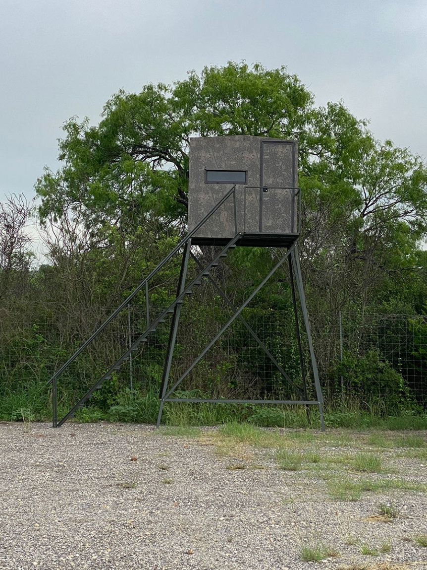 AWS Blind | Bushlan Outfitter Hunting Blinds | Models 5x5, 5x7 & 5x9 | Widths 60", 84" & 108" | Tower Heights Ground, 4', 8' & 12' | All-Metal Build | Combo Bow/Rifle Windows | For Deer Hunting