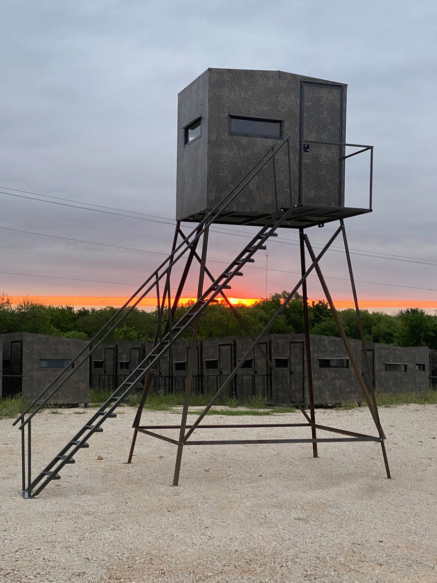 AWS Blind | Bushlan Outfitter Hunting Blinds | Models 5x5, 5x7 & 5x9 | Widths 60", 84" & 108" | Tower Heights Ground, 4', 8' & 12' | All-Metal Build | Combo Bow/Rifle Windows | For Deer Hunting