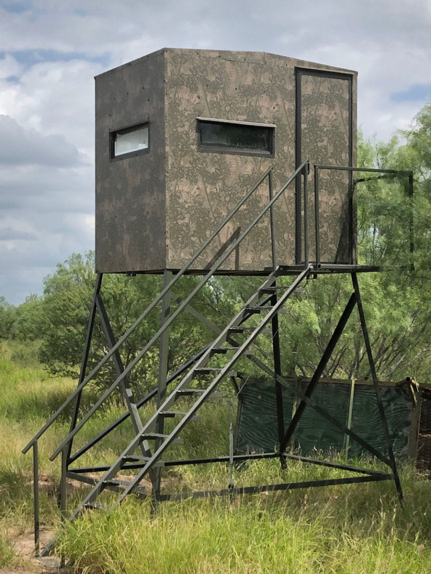 AWS Blind | Bushlan Outfitter Hunting Blinds | Models 5x5, 5x7 & 5x9 | Widths 60", 84" & 108" | Tower Heights Ground, 4', 8' & 12' | All-Metal Build | Combo Bow/Rifle Windows | For Deer Hunting