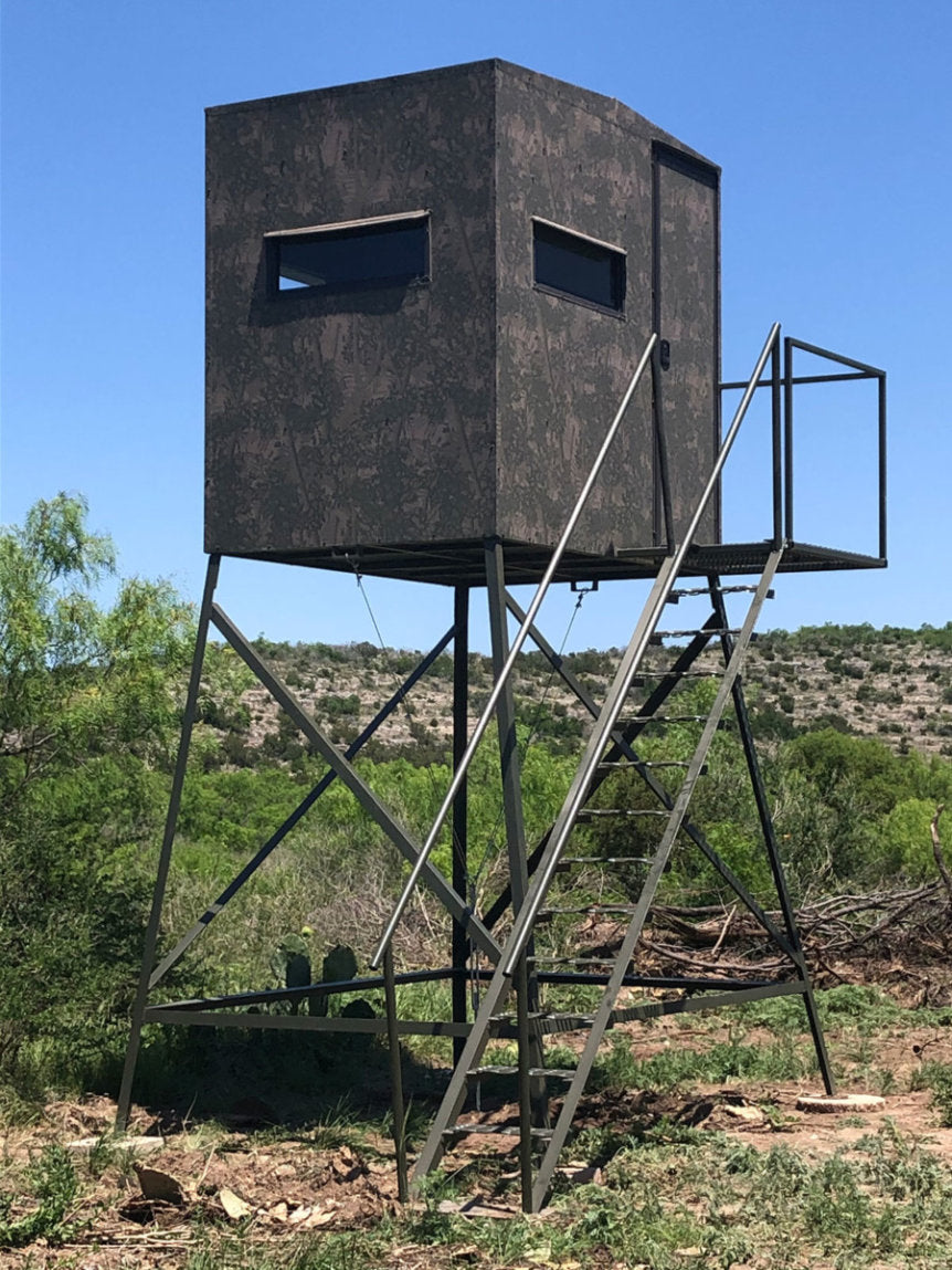 AWS Blind | Bushlan Outfitter Hunting Blinds | Models 5x5, 5x7 & 5x9 | Widths 60", 84" & 108" | Tower Heights Ground, 4', 8' & 12' | All-Metal Build | Combo Bow/Rifle Windows | For Deer Hunting