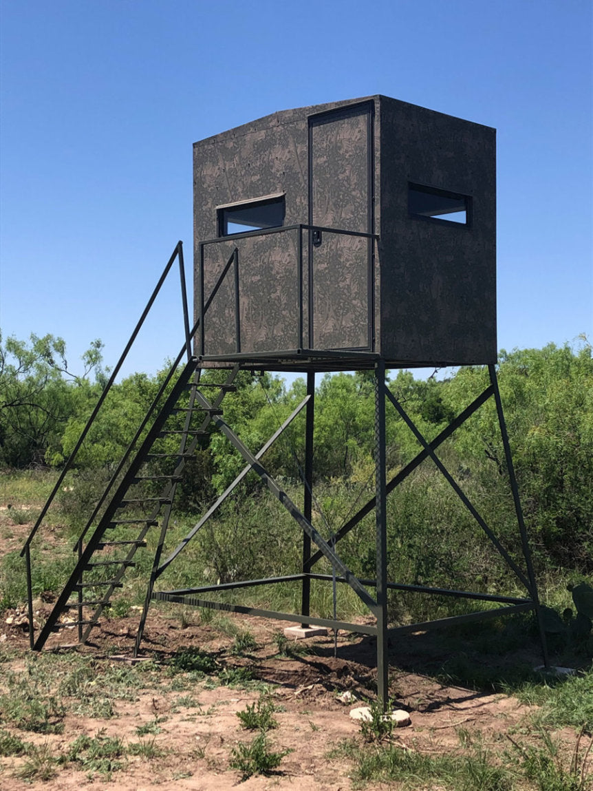 AWS Blind | Bushlan Outfitter Hunting Blinds | Models 5x5, 5x7 & 5x9 | Widths 60", 84" & 108" | Tower Heights Ground, 4', 8' & 12' | All-Metal Build | Combo Bow/Rifle Windows | For Deer Hunting