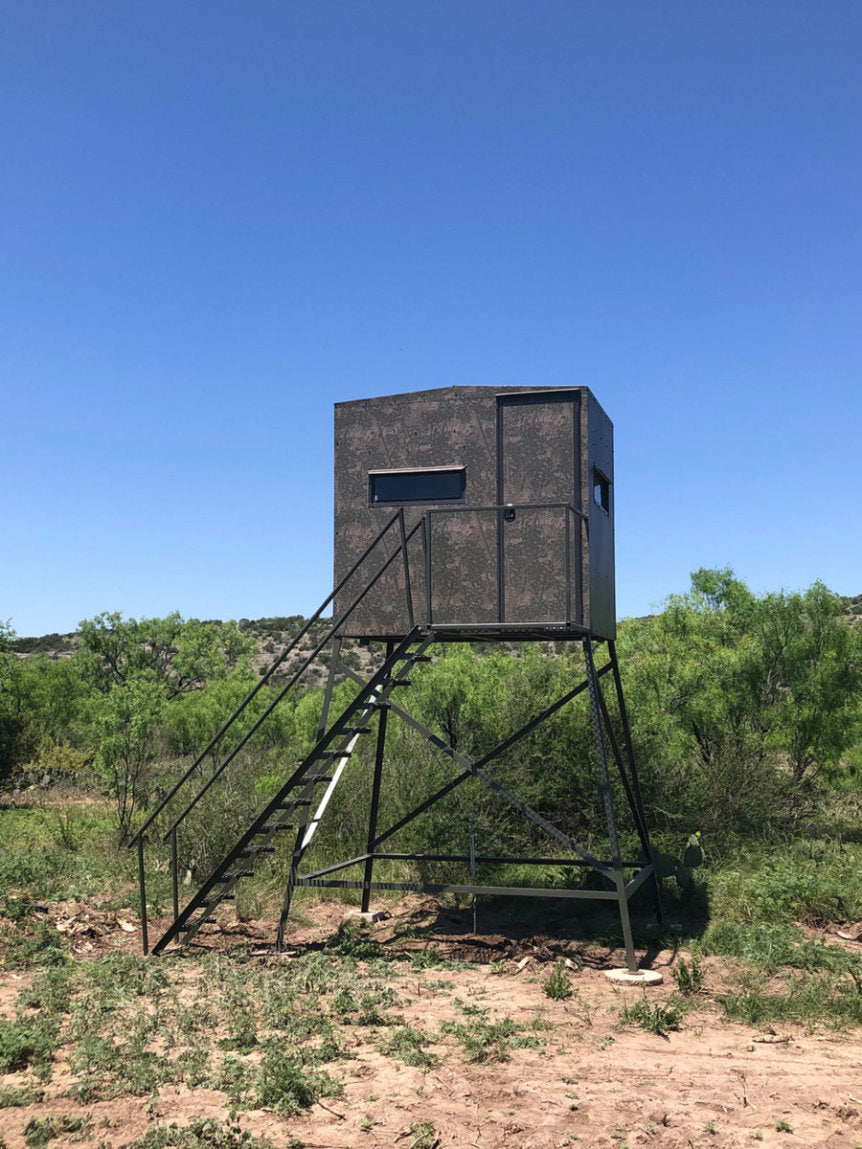AWS Blind | Bushlan Outfitter Hunting Blinds | Models 5x5, 5x7 & 5x9 | Widths 60", 84" & 108" | Tower Heights Ground, 4', 8' & 12' | All-Metal Build | Combo Bow/Rifle Windows | For Deer Hunting