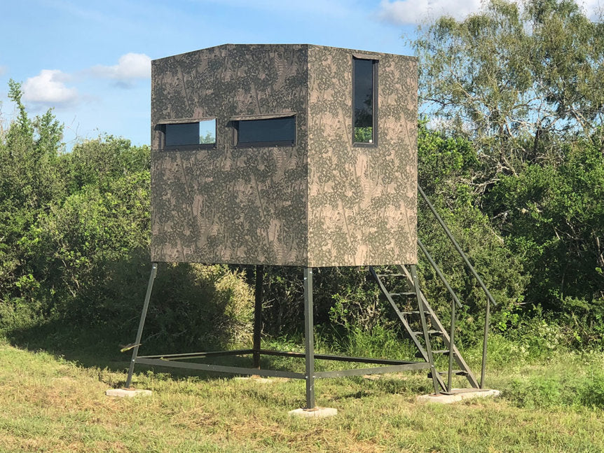 AWS Blind | Bushlan Outfitter Hunting Blinds | Models 5x5, 5x7 & 5x9 | Widths 60", 84" & 108" | Tower Heights Ground, 4', 8' & 12' | All-Metal Build | Combo Bow/Rifle Windows | For Deer Hunting