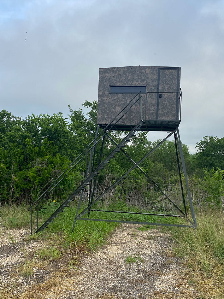 AWS Blind | Bushlan Outfitter Hunting Blinds | Models 5x5, 5x7 & 5x9 | Widths 60", 84" & 108" | Tower Heights Ground, 4', 8' & 12' | All-Metal Build | Combo Bow/Rifle Windows | For Deer Hunting