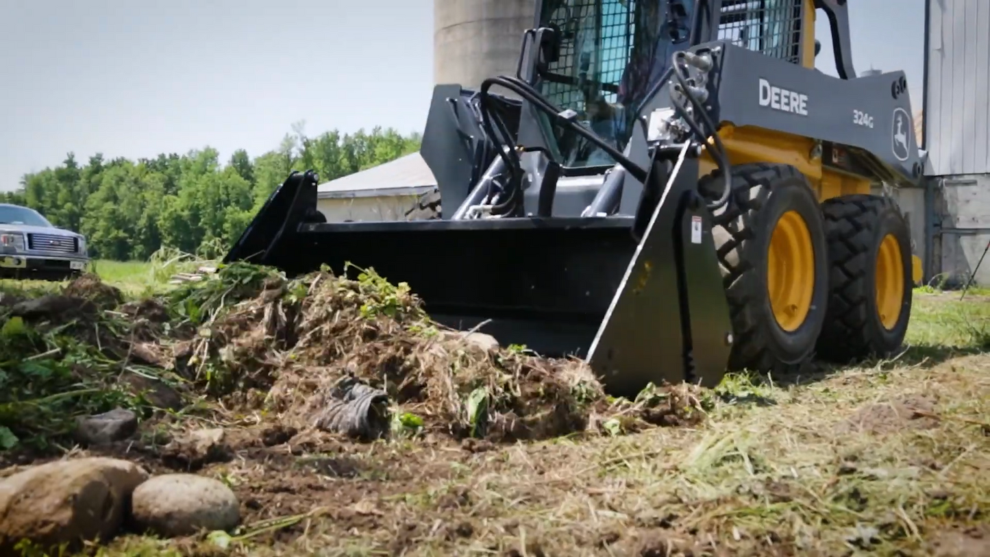 HLA Attachments | 4-in-1 Skid Steer Bucket | Models SBFNO66 To SBFNO84 | Widths 66" To 84" | Heaped Capacity Up To 17.7 cu.ft. | Hydraulic Flow Range 12-18 GPM |For Skid Steer