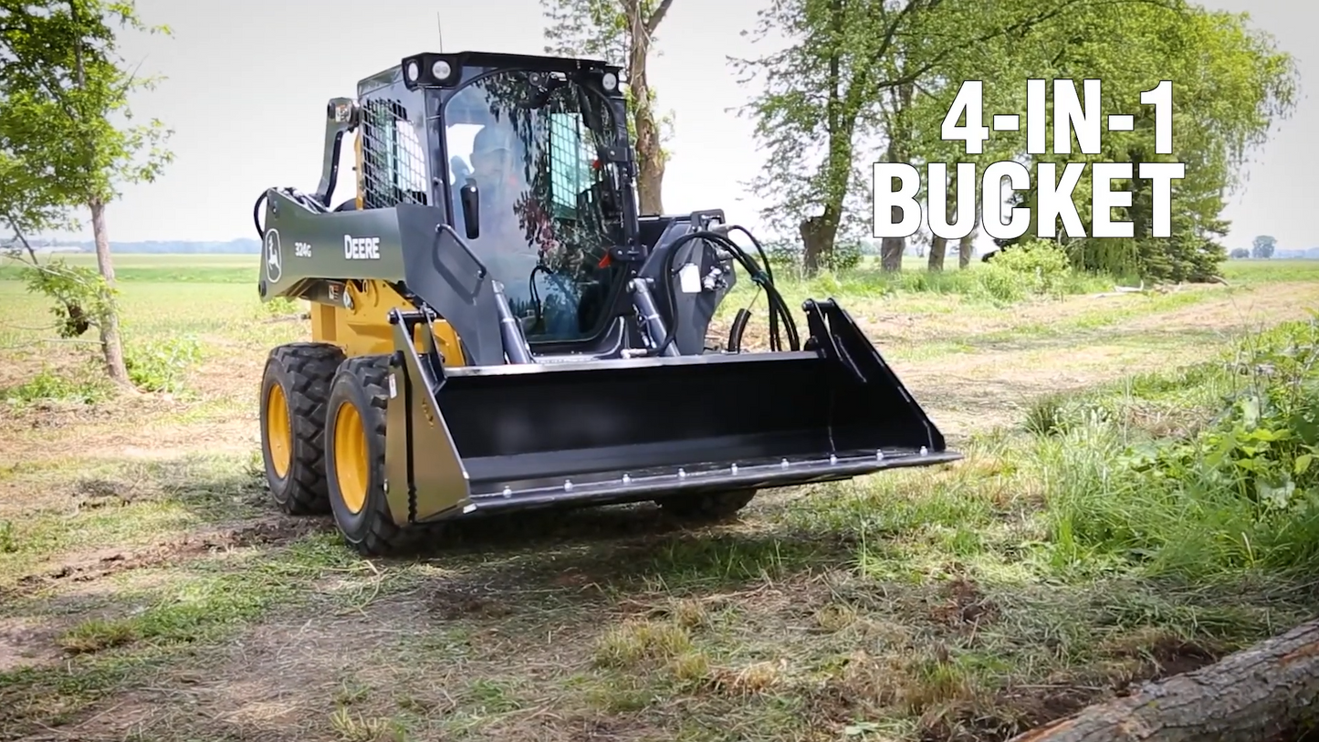 HLA Attachments | 4-in-1 Skid Steer Bucket | Models SBFNO66 To SBFNO84 | Widths 66" To 84" | Heaped Capacity Up To 17.7 cu.ft. | Hydraulic Flow Range 12-18 GPM |For Skid Steer