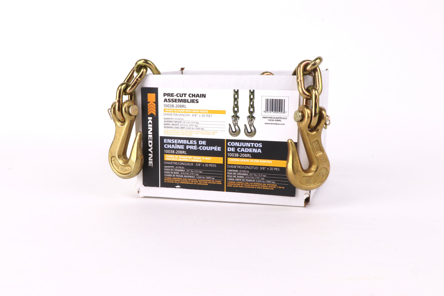 Kinedyne Grade 70 Grab Hook Transport Chain Assembly | Model 10038-20BRL | Width 3/8" | Length 20' | WLL 6,600 lbs | For Heavy-Duty Cargo Control & Flatbed Tie-Down