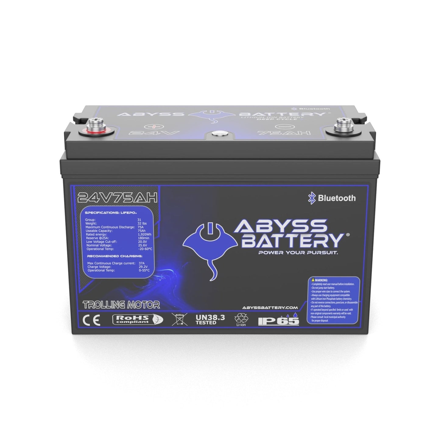 Abyss® | Lithium Trolling Motor Battery | Model AB-24V75-BT | Voltage 24V 75Ah | Group 31 | Bluetooth BMS | Built-In Heating | IP65 Waterproof