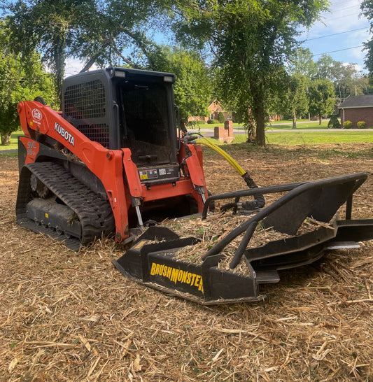 BrushMonster Mulcher | Model Revolution Axe Series | 64"–77" Cutting Width | Axial Piston Motor | 15–45 GPM | AR400 & 5160 Blades | For Skid-Steer Loaders