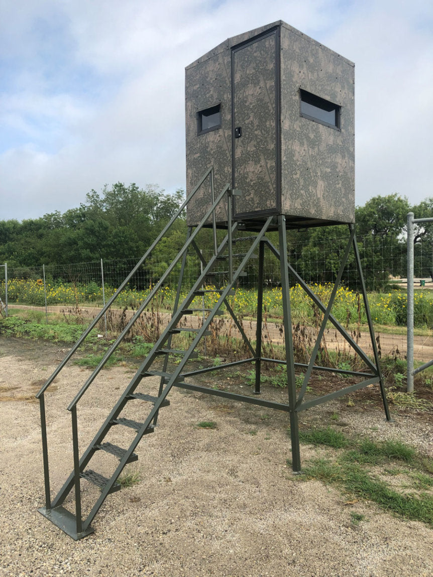 AWS Blind | Bushlan Outfitter Hunting Blinds | Models 5x5, 5x7 & 5x9 | Widths 60", 84" & 108" | Tower Heights Ground, 4', 8' & 12' | All-Metal Build | Combo Bow/Rifle Windows | For Deer Hunting