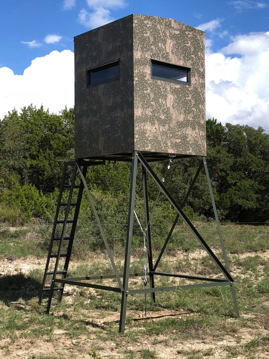 AWS Blind | Bushlan Outfitter Hunting Blinds | Models 5x5, 5x7 & 5x9 | Widths 60", 84" & 108" | Tower Heights Ground, 4', 8' & 12' | All-Metal Build | Combo Bow/Rifle Windows | For Deer Hunting