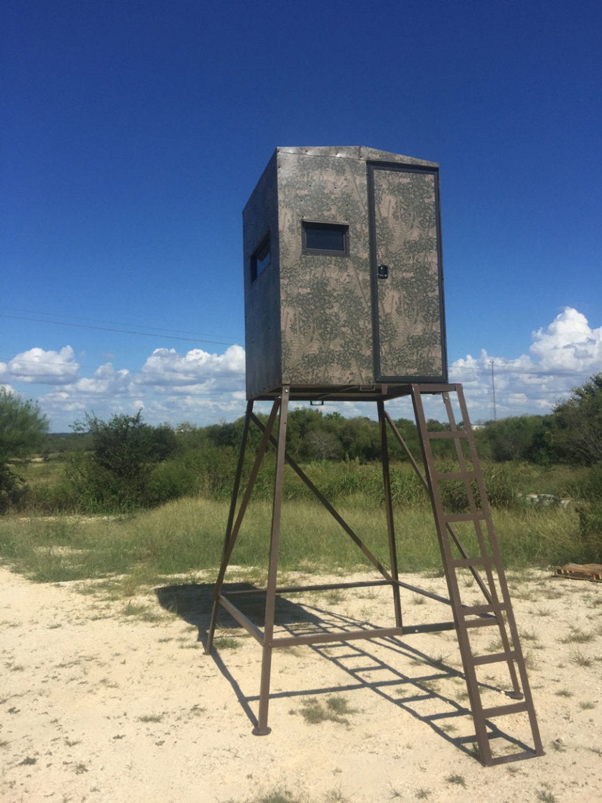AWS Blind | Bushlan Outfitter Hunting Blinds | Models 5x5, 5x7 & 5x9 | Widths 60", 84" & 108" | Tower Heights Ground, 4', 8' & 12' | All-Metal Build | Combo Bow/Rifle Windows | For Deer Hunting