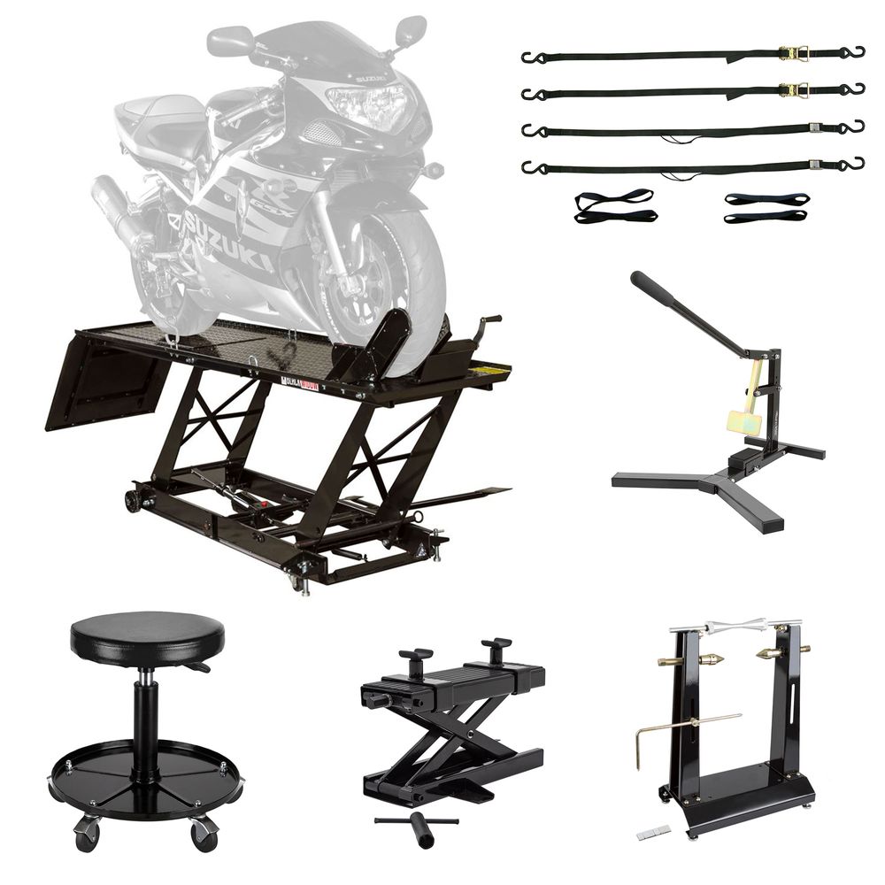 Black Widow Essential Motorcycle Shop Kit | Model BW-SK-E | Platform Dimensions 78" x 47" | Lift Height Up To 30" | Capacity 1,000 lb | For Street, Touring & Cruiser Bikes