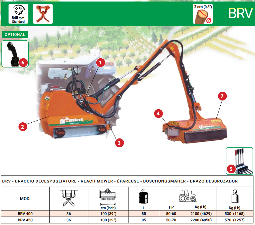 Rinieri Reach Mower BRV 400-450 | 39" Working Width | 36 Knives | 50-70HP for Tractor