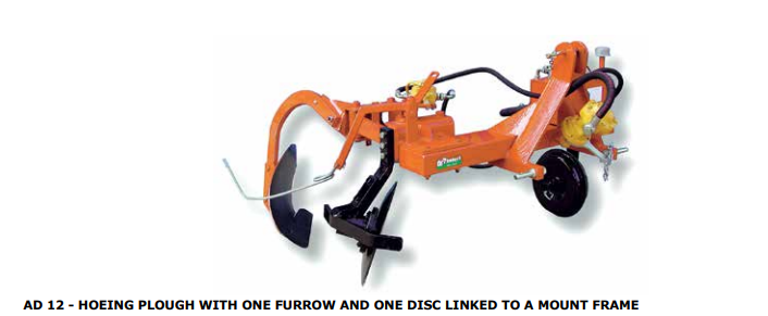 Rinieri Hoeing Plough (with One Furrow and One Disc Linked to a Mount Frame) | Model AD 12 | Working Width 20" inches | Horsepower 30 HP | For Tractor