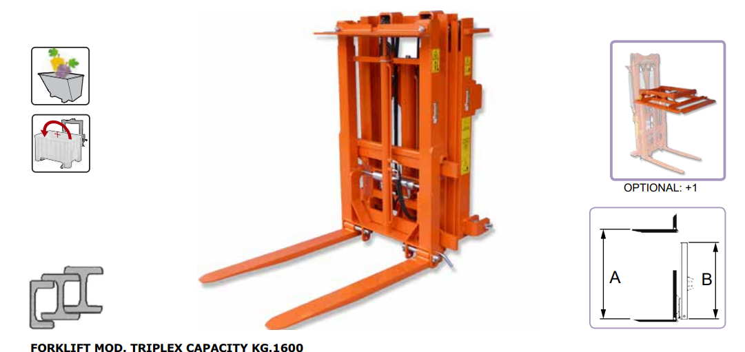Rinieri ForkLift | Triplex Model | 1600kg Capacity | 98"-130" Lift Height For Tractor