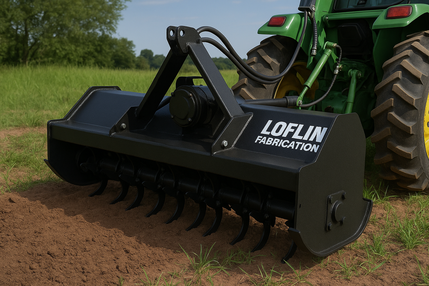 Loflin Fabrication | Tiller | 80" Width | 250CC Hydraulic Motor | 640 lbs | Precision Soil Preparation | For Tractor