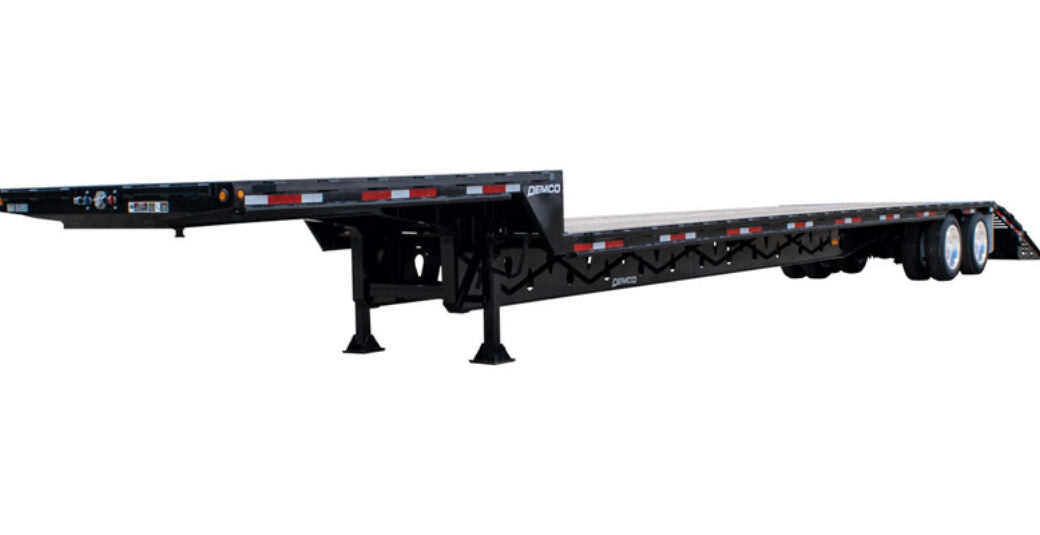 Demco | Tandem Axle Steel Drop Deck Trailer | Model DD43-5 & DD48-5 | Width 102" | GVWR 68,000–80,000 lbs | 5' Beaver Tail with Twin Ramps | Horsepower 400 To 700 HP | For Tractor