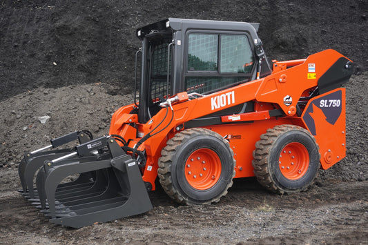 KIOTI Skid Steer Loader | Model SL750-LQ Cab | Width 74.4" | Length 144.7" | Height with Cab 81.2" | Hydraulic Flow 21.9 GPM | For Heavy-Duty Tasks