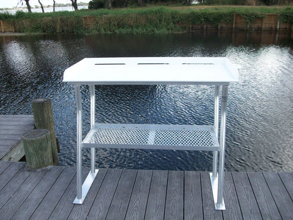 RIO MARINE CUSTOMS | Fish Cleaning Table | Dock Mount with Shelf | Model FCS50-4 | 50" W x 23" D | Starboard Surface | Universal Dock