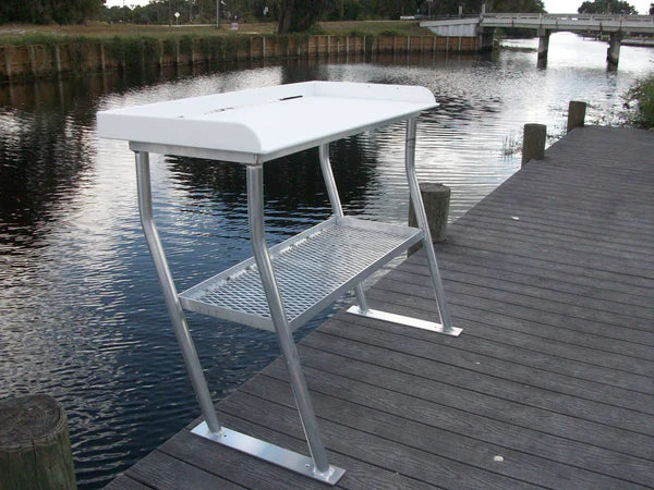 RIO MARINE CUSTOMS | Fish Cleaning Table | Dock Mount with Shelf | Model FCS50-4 | 50" W x 23" D | Starboard Surface | Universal Dock